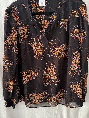 CAbi Black Sheer Floral V-Neck Blouse with Yellow and Pink Accents